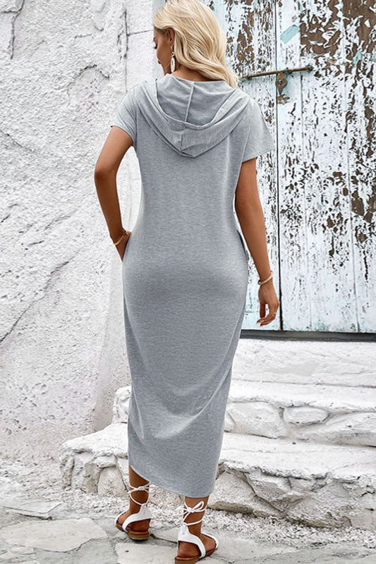 Short Sleeve Front Slit Hooded Dress  Dresses- Doll Fits