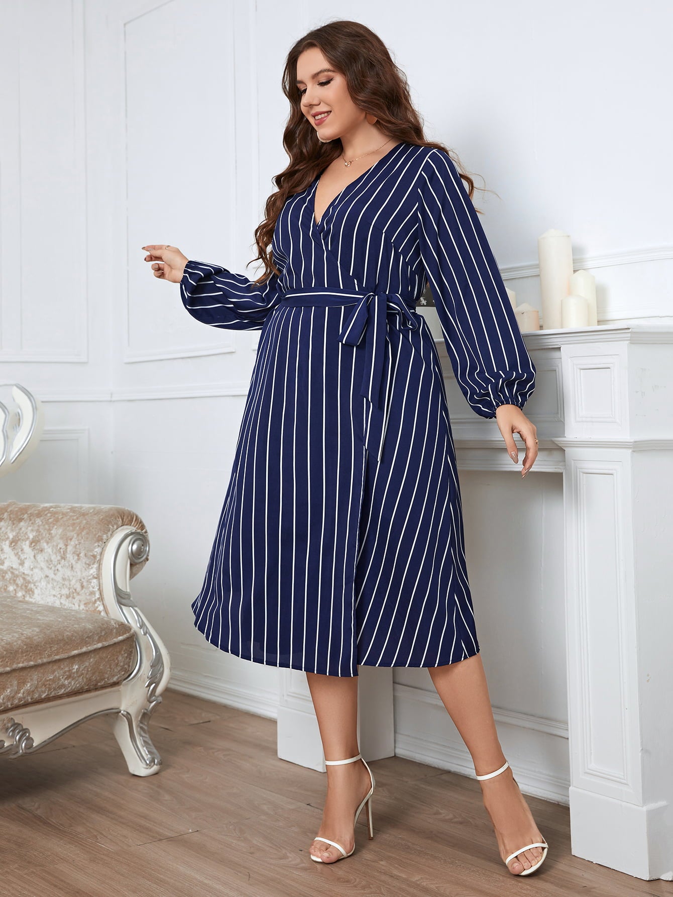 Melo Apparel Plus Size Striped Surplice Neck Long Sleeve Dress  Dresses- Doll Fits
