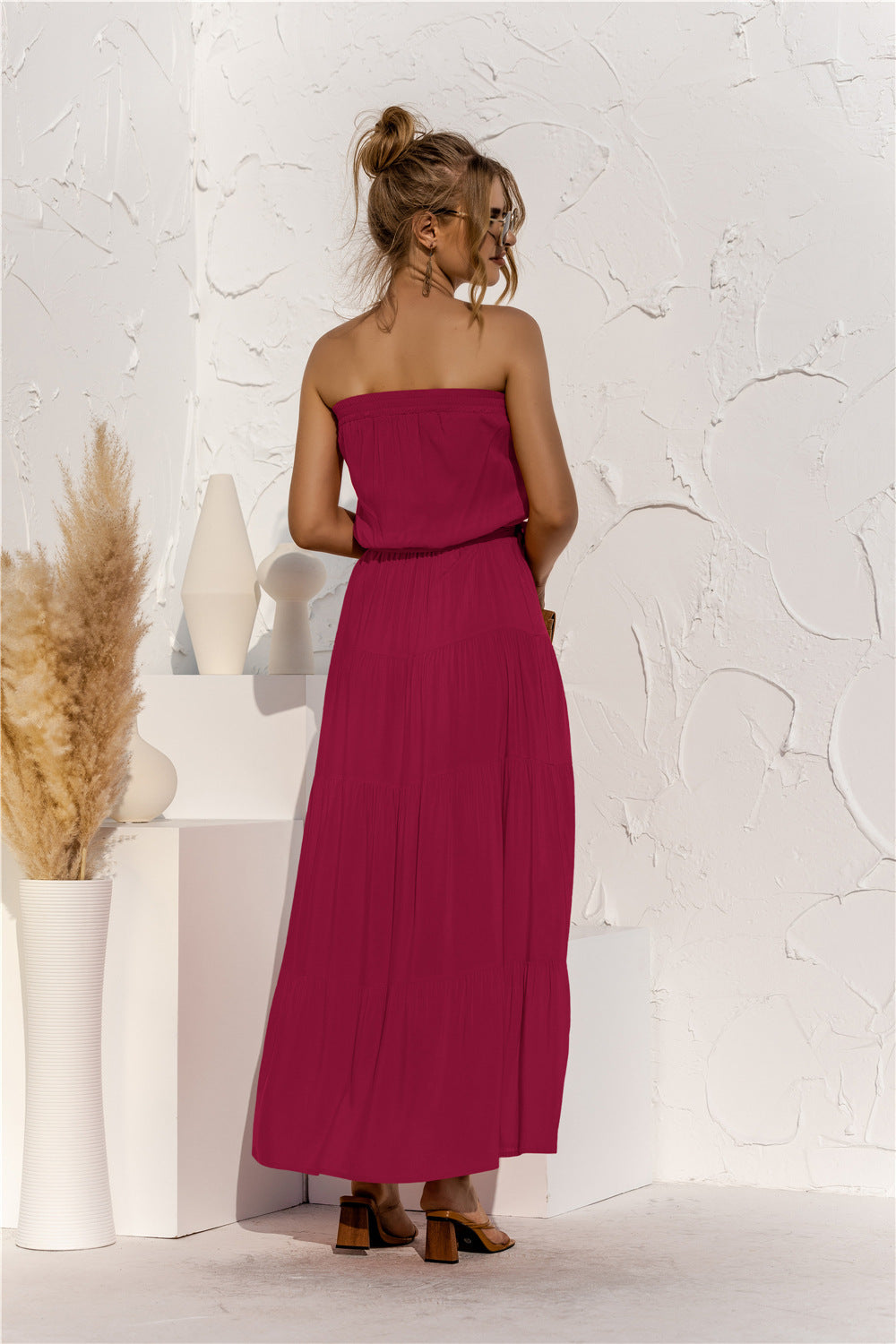 Strapless Tie Waist Tiered Maxi Dress  Dresses- Doll Fits
