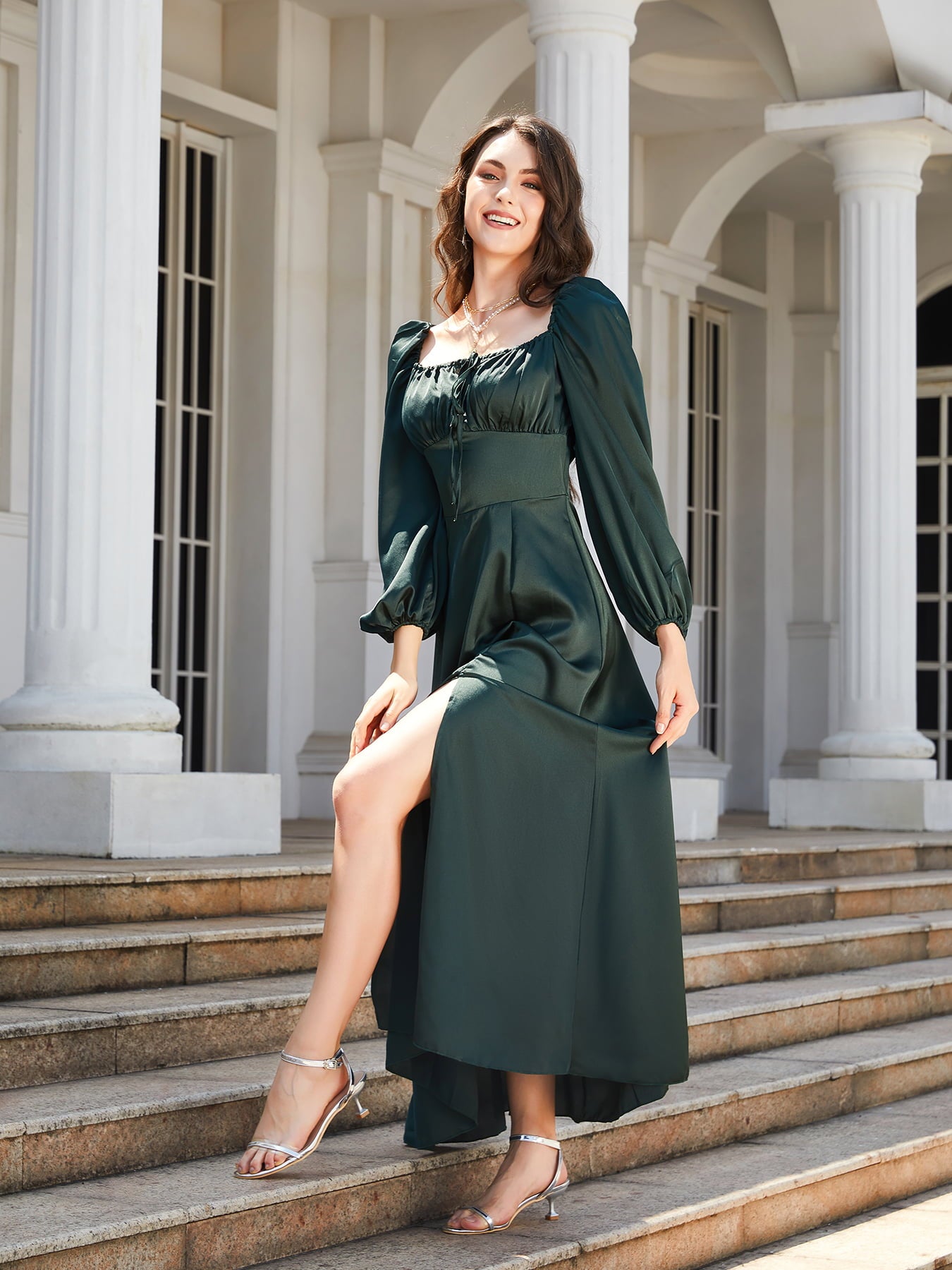 Square Neck Puff Sleeve High Slit Maxi Dress  Dresses- Doll Fits