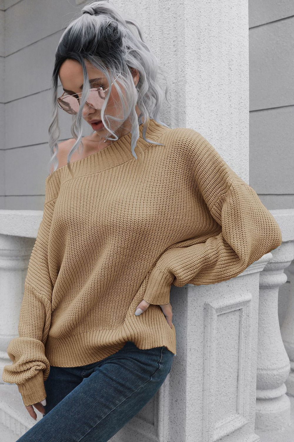 Off-Shoulder Ribbed Long Sleeve Pullover Sweater  - Doll Fits