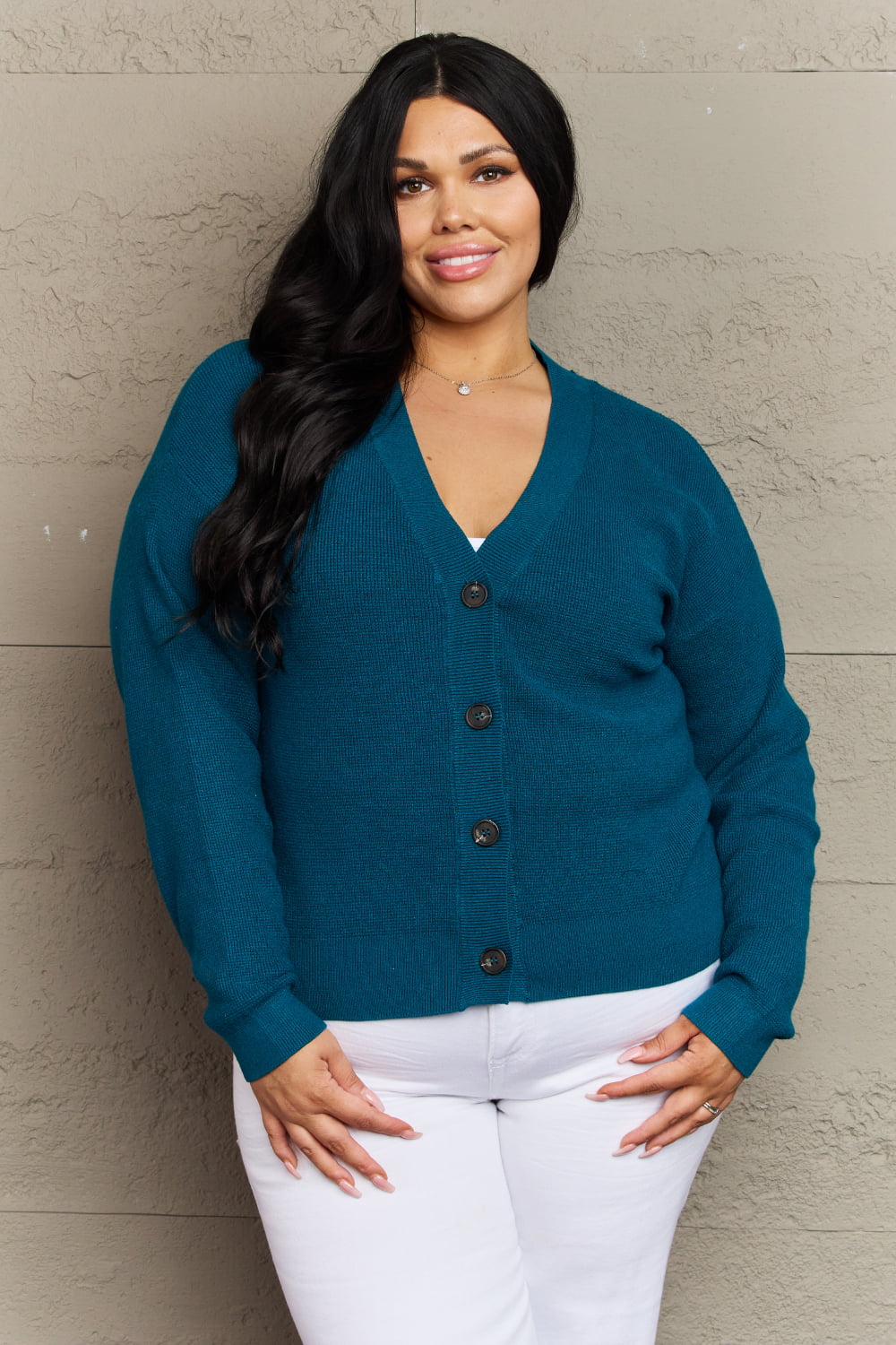 Zenana Kiss Me Tonight Full Size Button Down Cardigan in Teal  - Doll Fits