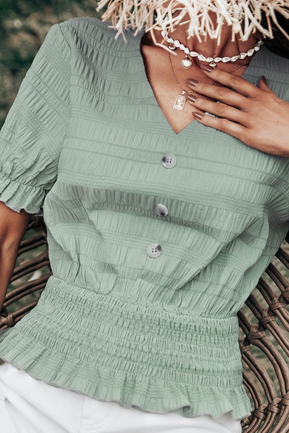 Decorative Button V-Neck Flounce Sleeve  Peplum Top  Shirts & Tops- Doll Fits