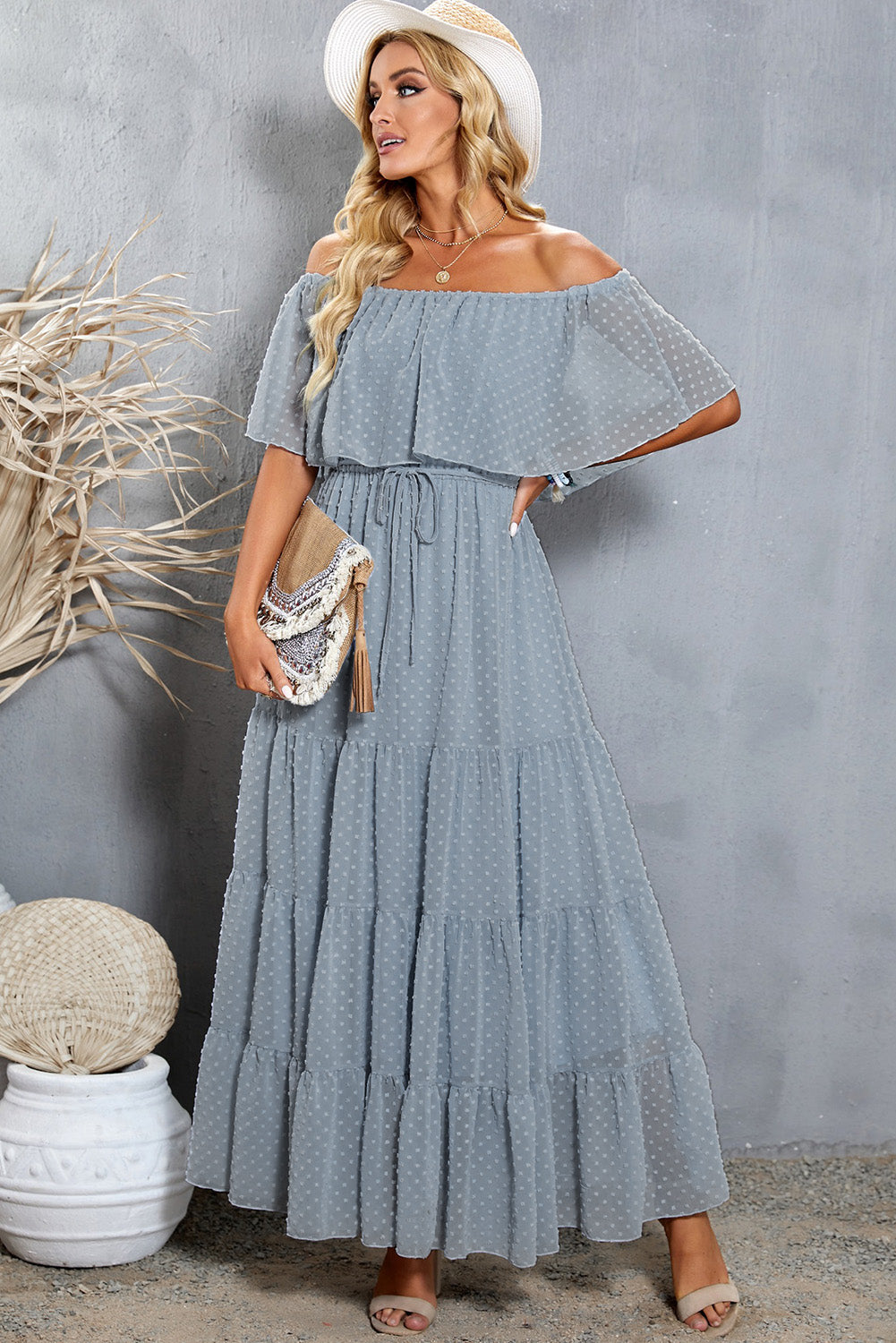 Swiss Dot Off-Shoulder Tiered Maxi Dress  Dresses- Doll Fits