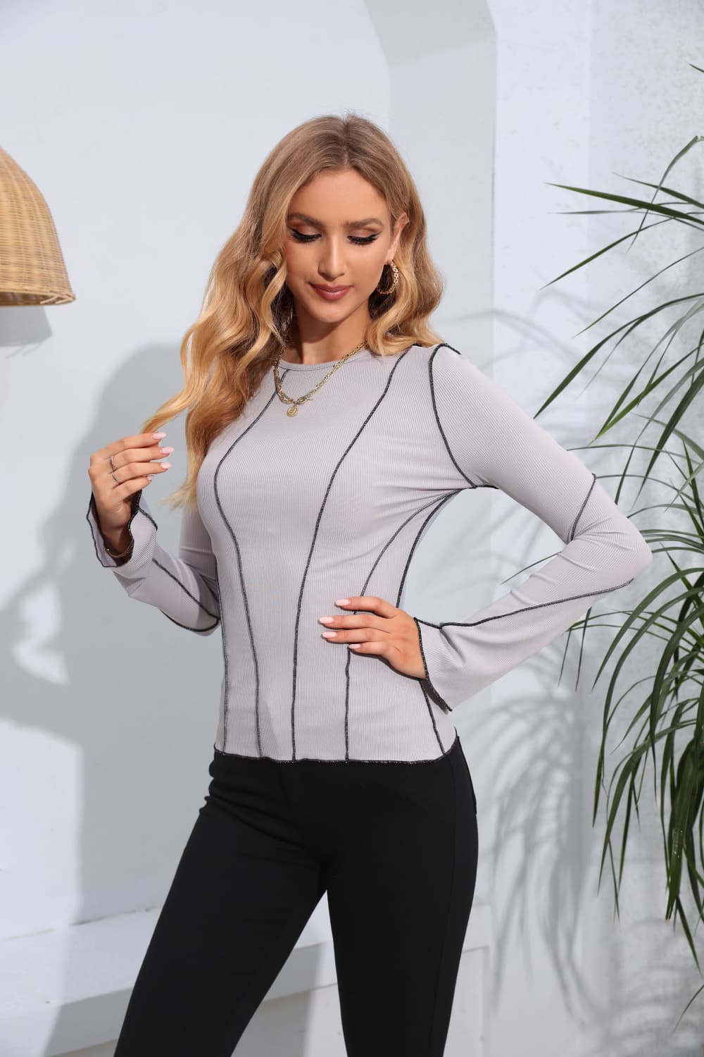 Ribbed Round Neck Long Sleeve Blouse  Shirts & Tops- Doll Fits