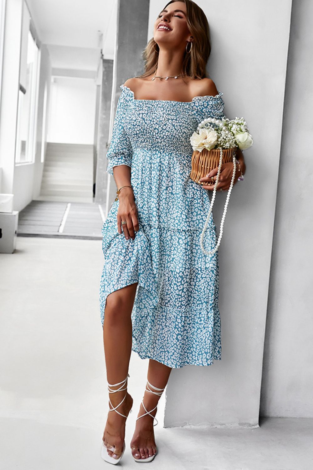 Ditsy Floral Off-Shoulder Smocked Midi Dress  Dresses- Doll Fits