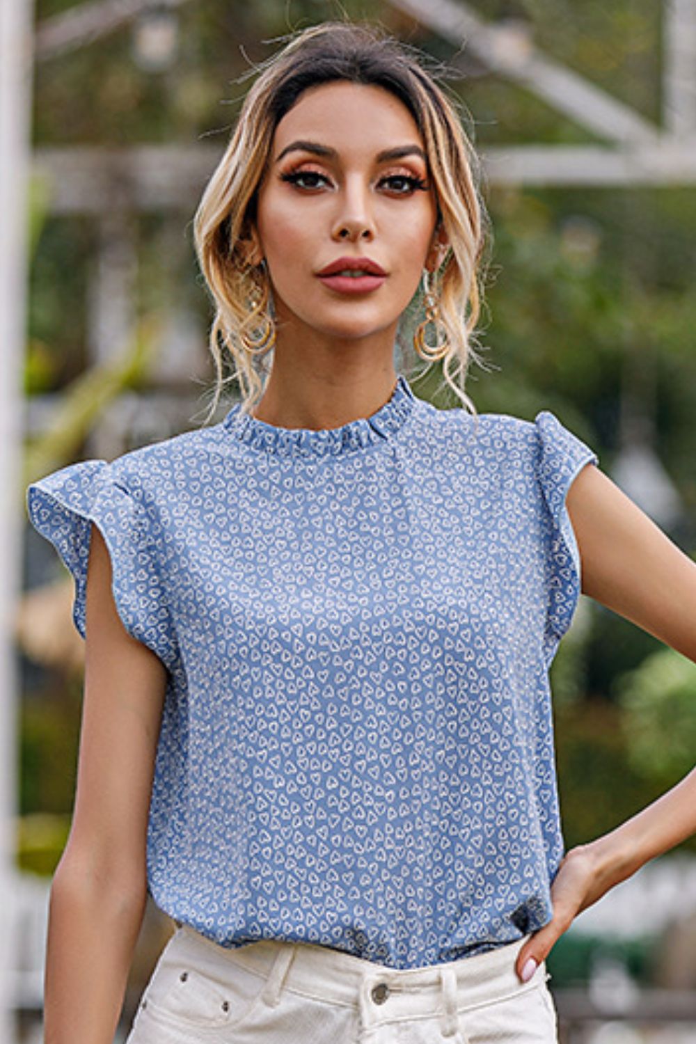 Heart Print Frill Neck Flutter Sleeve Blouse  Shirts & Tops- Doll Fits