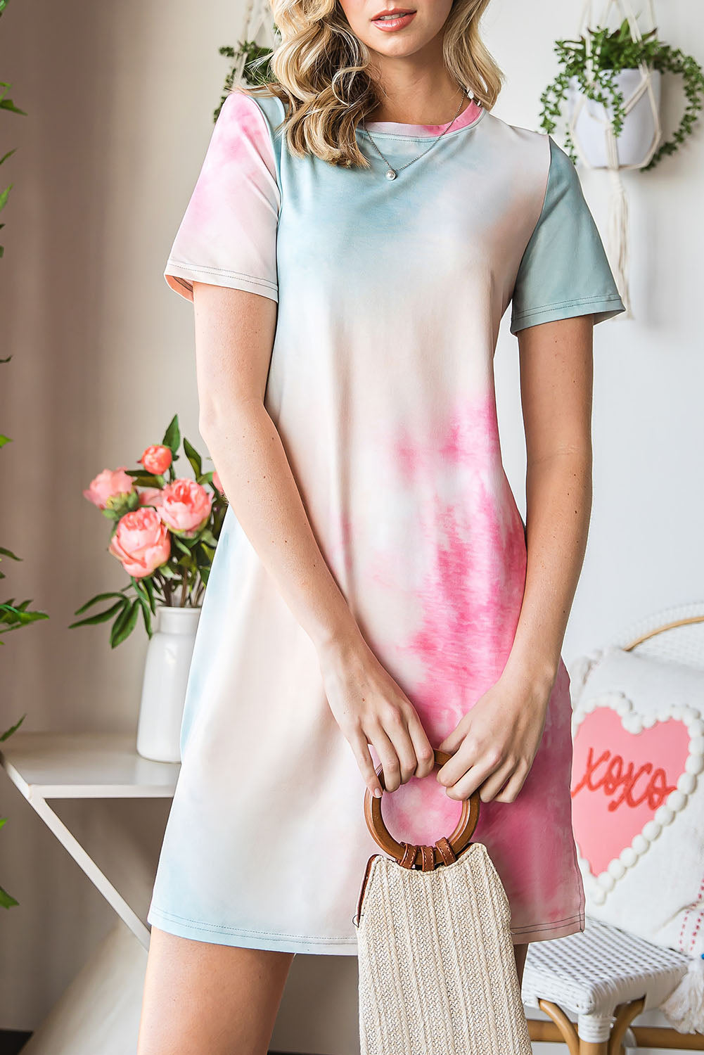 Tie-Dye Round Neck Short Sleeve Slit Dress  Dresses- Doll Fits
