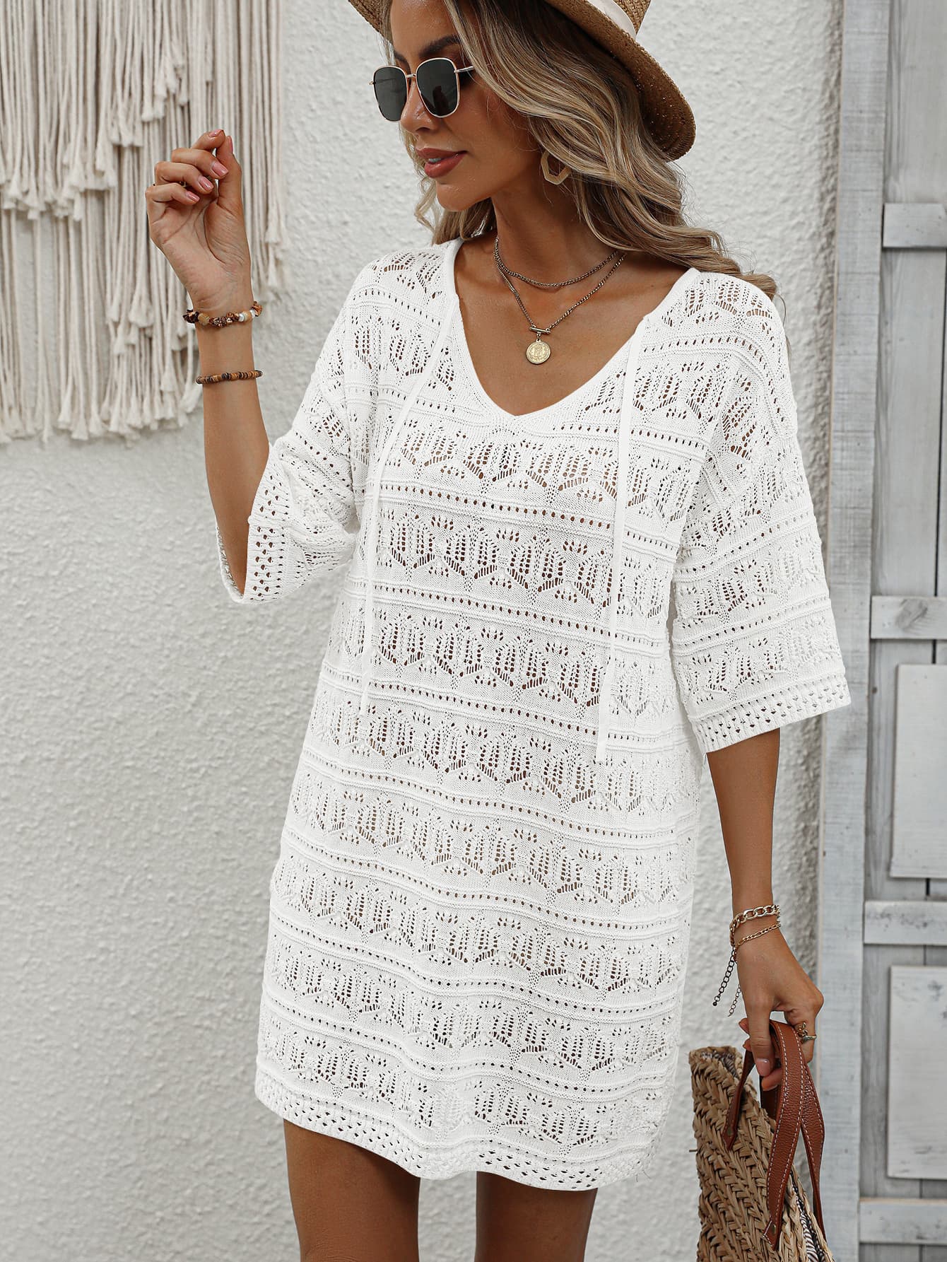 Openwork V-Neck Mini Knit Dress  Dresses- Doll Fits