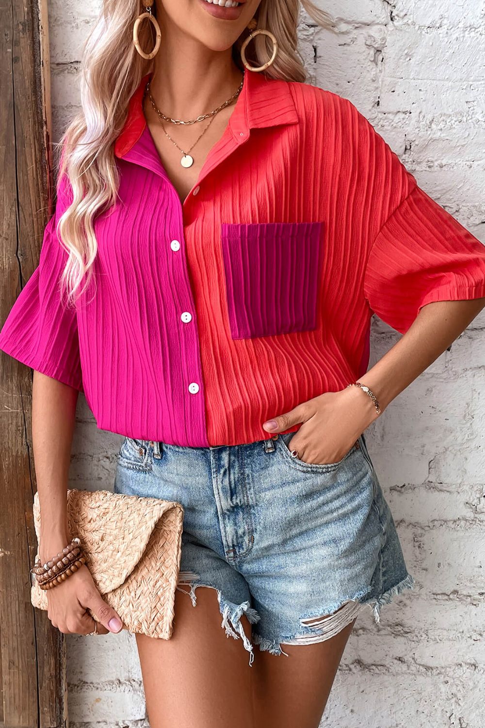 Two-Tone Button Front Dropped Shoulder Shirt  Shirts & Tops- Doll Fits