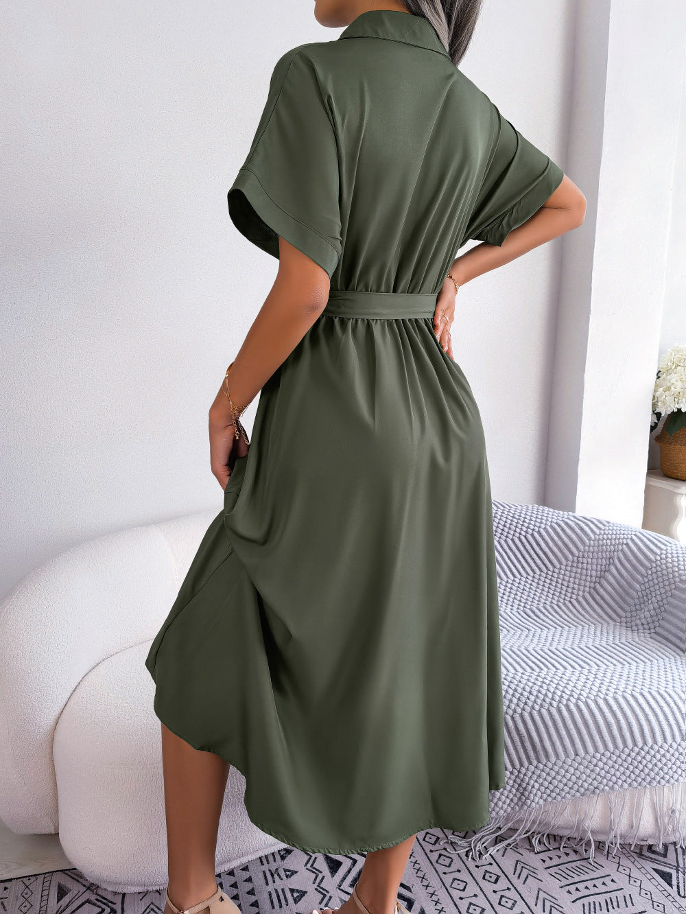 Short Sleeve Collared Tie Belt Dress  Dresses- Doll Fits