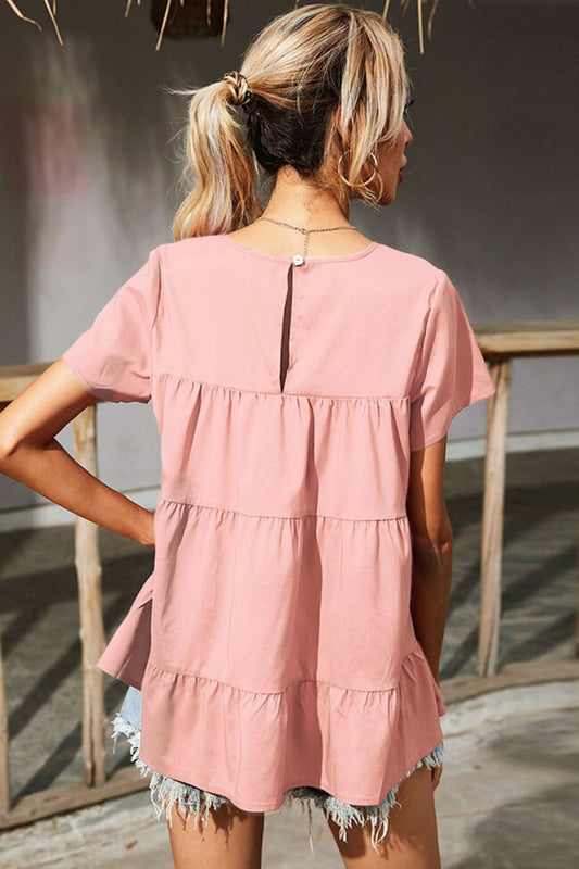 Round Neck Short Sleeve Tiered Blouse  Shirts & Tops- Doll Fits