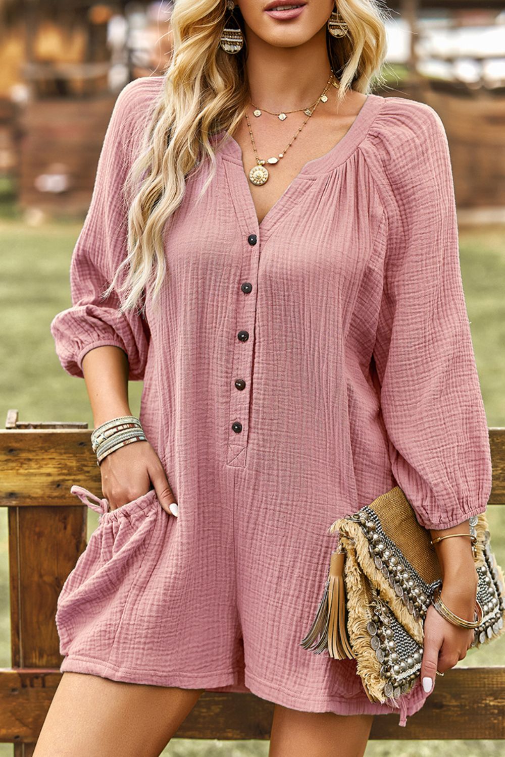 Textured Notched Neck Romper with Pockets  Jumpsuits & Rompers- Doll Fits