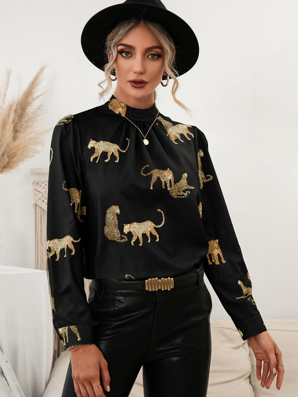 Leopard Graphic Mock Neck Puff Sleeve Blouse  Shirts & Tops- Doll Fits