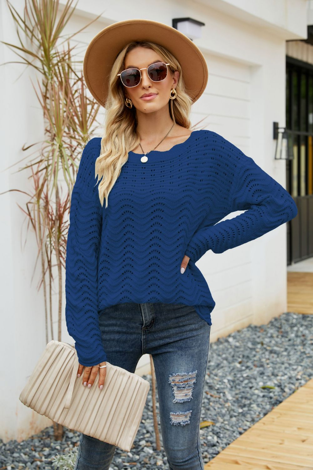 Scalloped Boat Neck Openwork Tunic Sweater  Shirts & Tops- Doll Fits