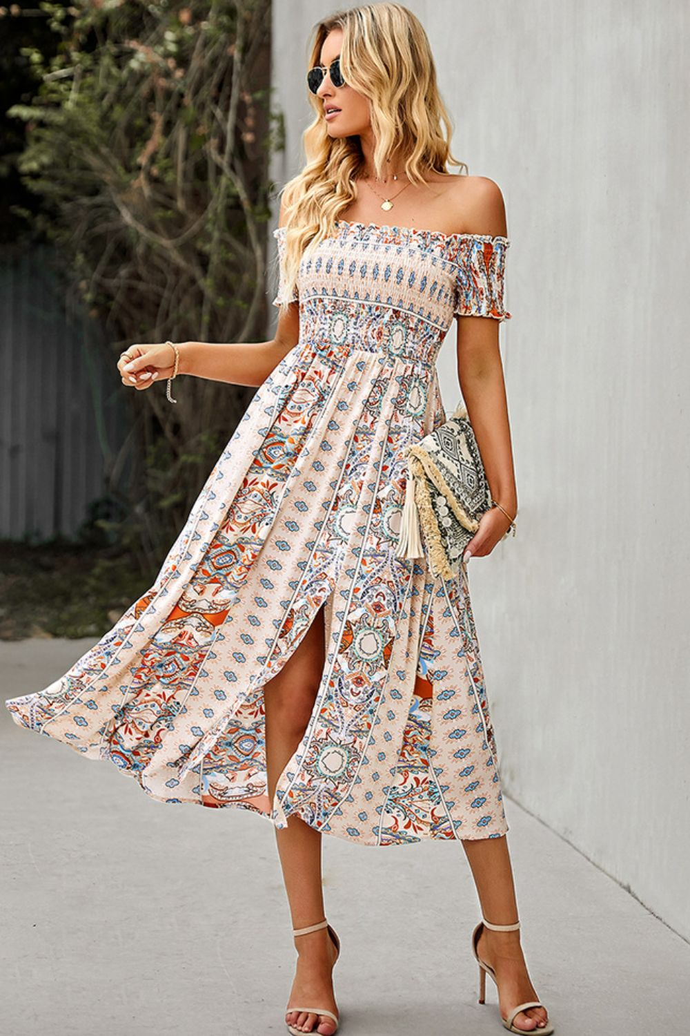Bohemian Off-Shoulder Frill Trim Split Dress  Dresses- Doll Fits