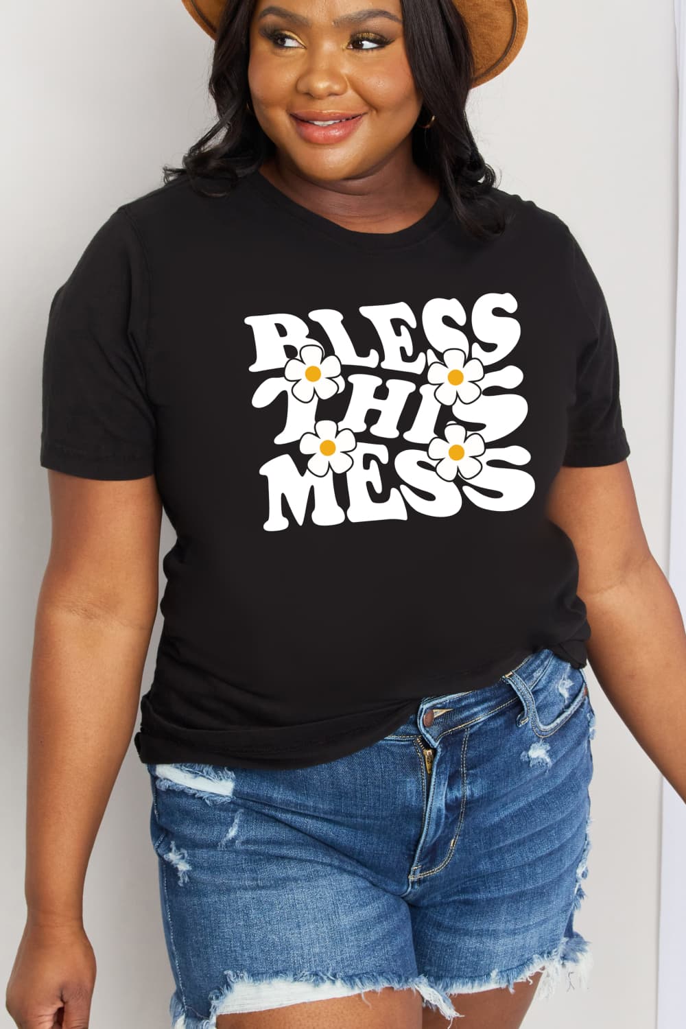 Simply Love Full Size BLESS THIS MESS Graphic Cotton Tee  - Doll Fits
