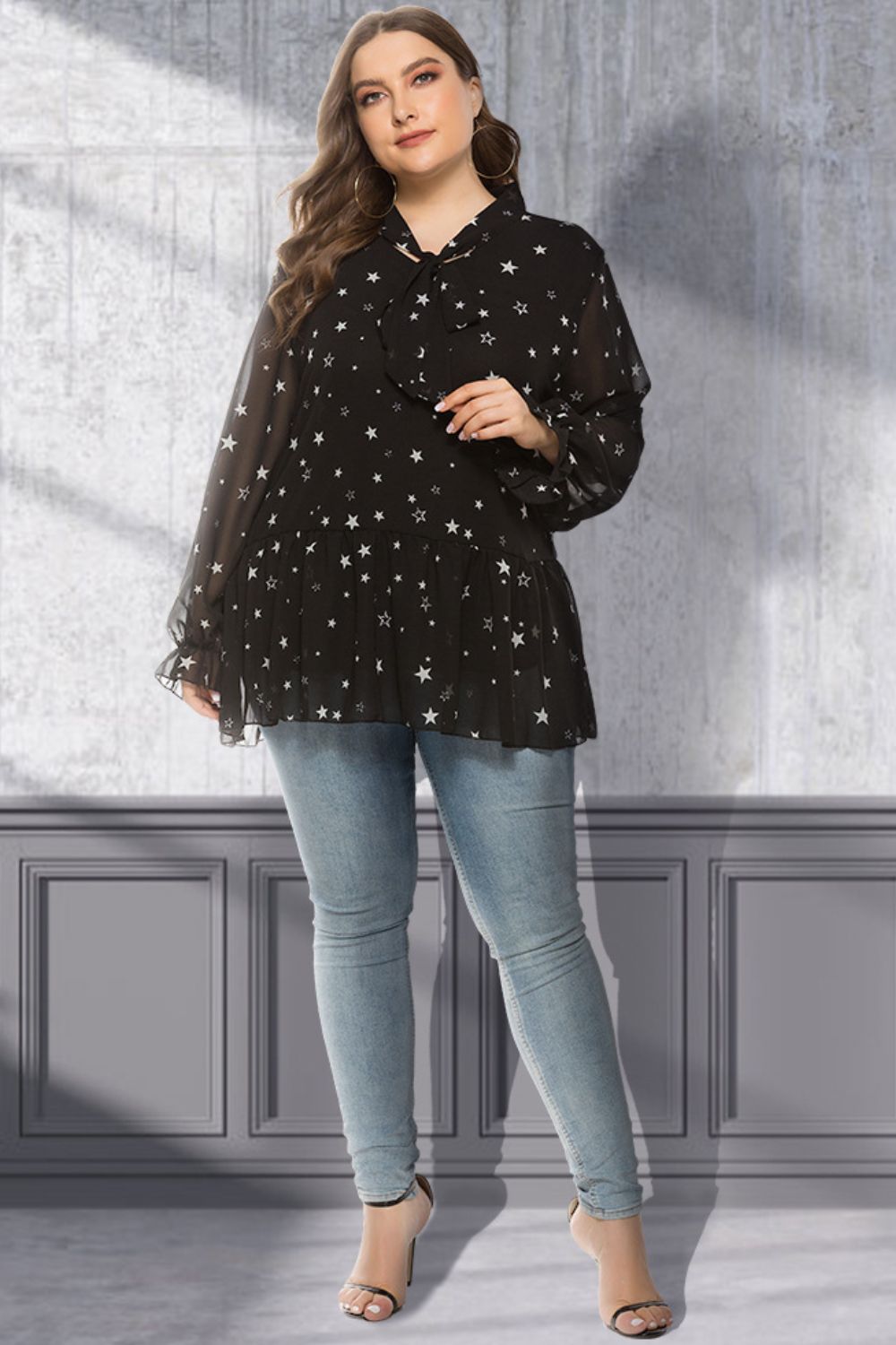 Plus Size Star Print Tie-Neck Peplum Blouse  Shirts & Tops- Doll Fits