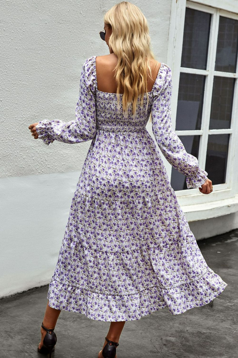 Floral Smocked Square Neck Slit Midi Dress  Dresses- Doll Fits