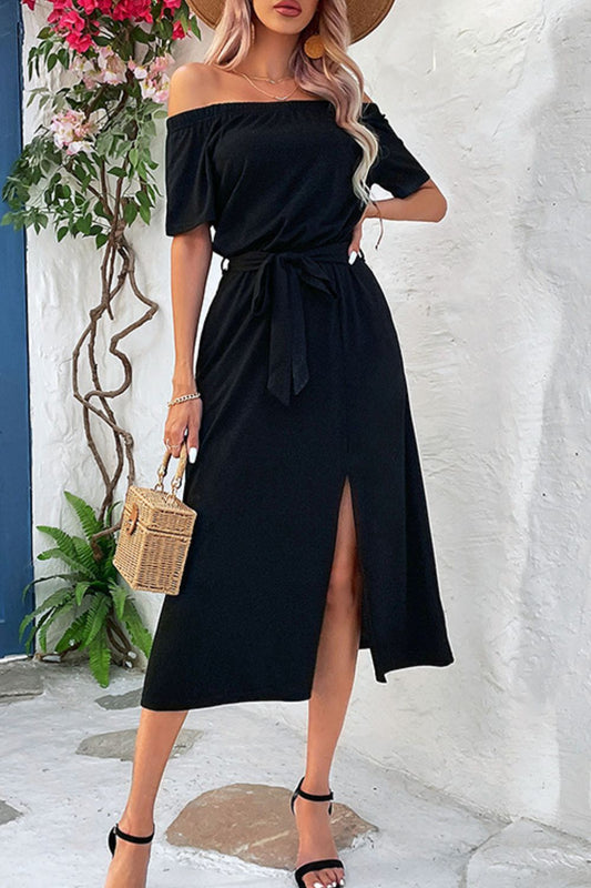 Tie-Waist Off-Shoulder Split Dress  Dresses- Doll Fits