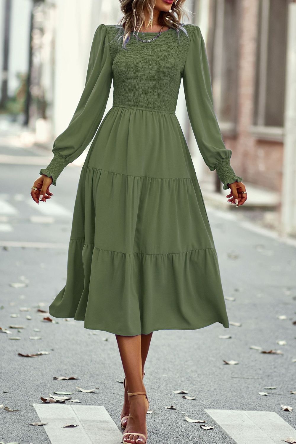 Smocked Long Puff Sleeve Tiered Midi Dress  Dresses- Doll Fits