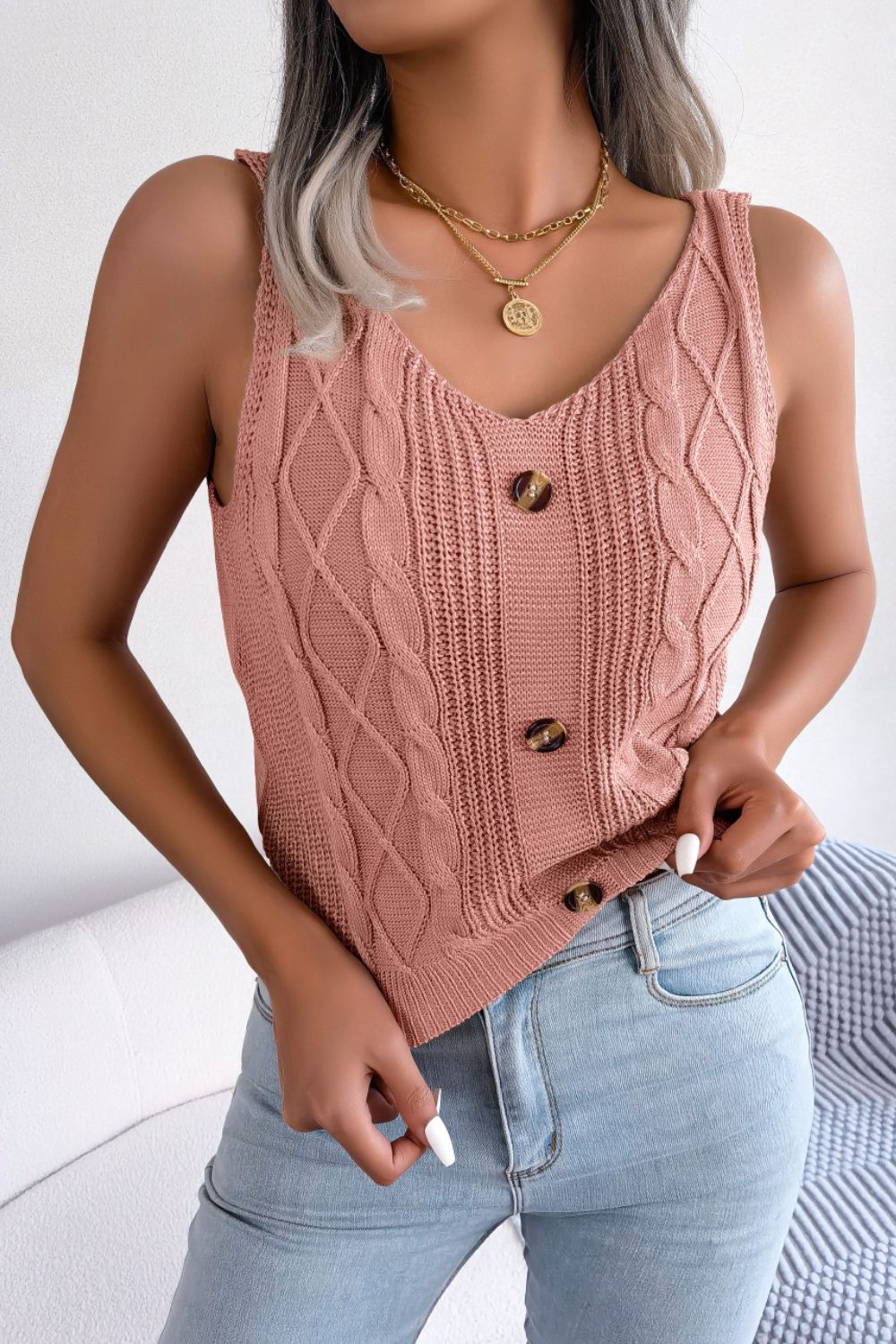 Decorative Button Mixed Knit Tank  Shirts & Tops- Doll Fits
