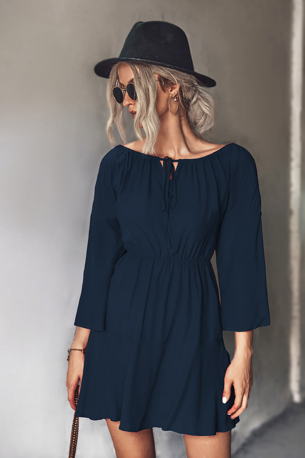 Tie Neck Flare Sleeve Mini Dress  Dresses- Doll Fits