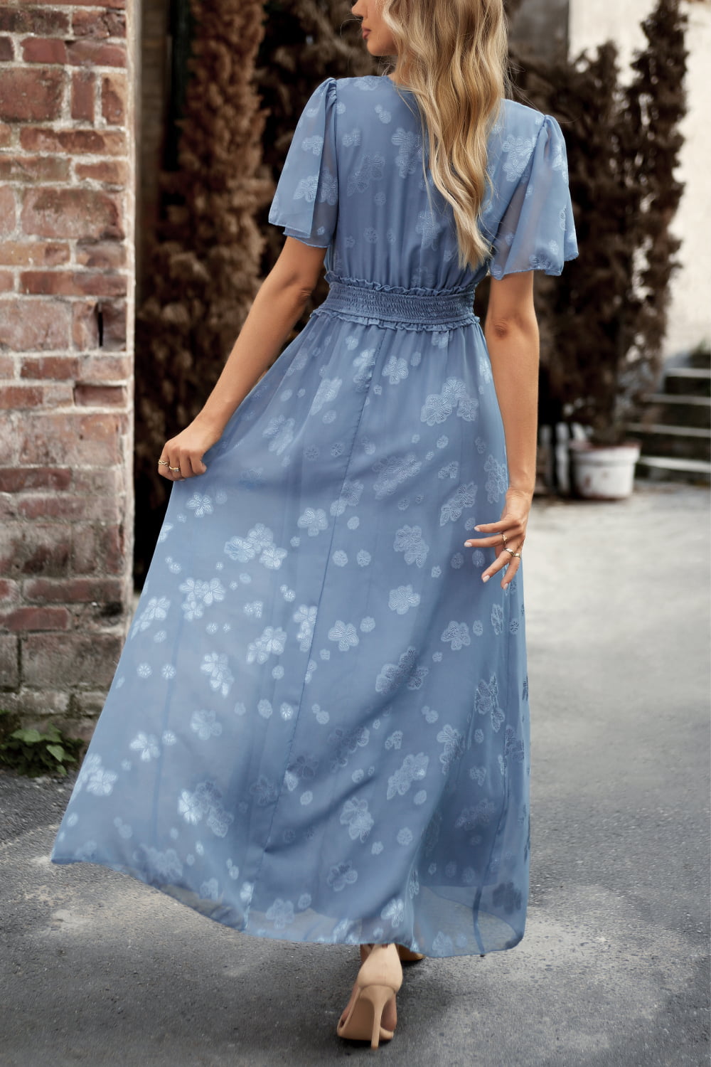 Floral Print V-Neck Smocked Waist High Slit Maxi Dress  Dresses- Doll Fits