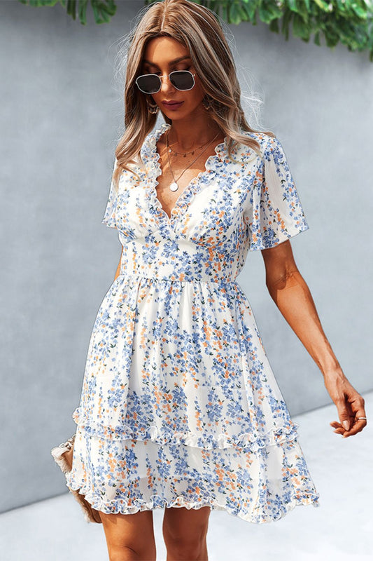Printed Flutter Sleeve V-Neck Dress  Dresses- Doll Fits