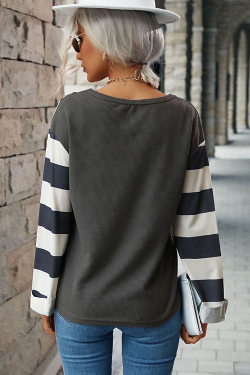 Leopard Striped Round Neck Long Sleeve Tee  Shirts & Tops- Doll Fits