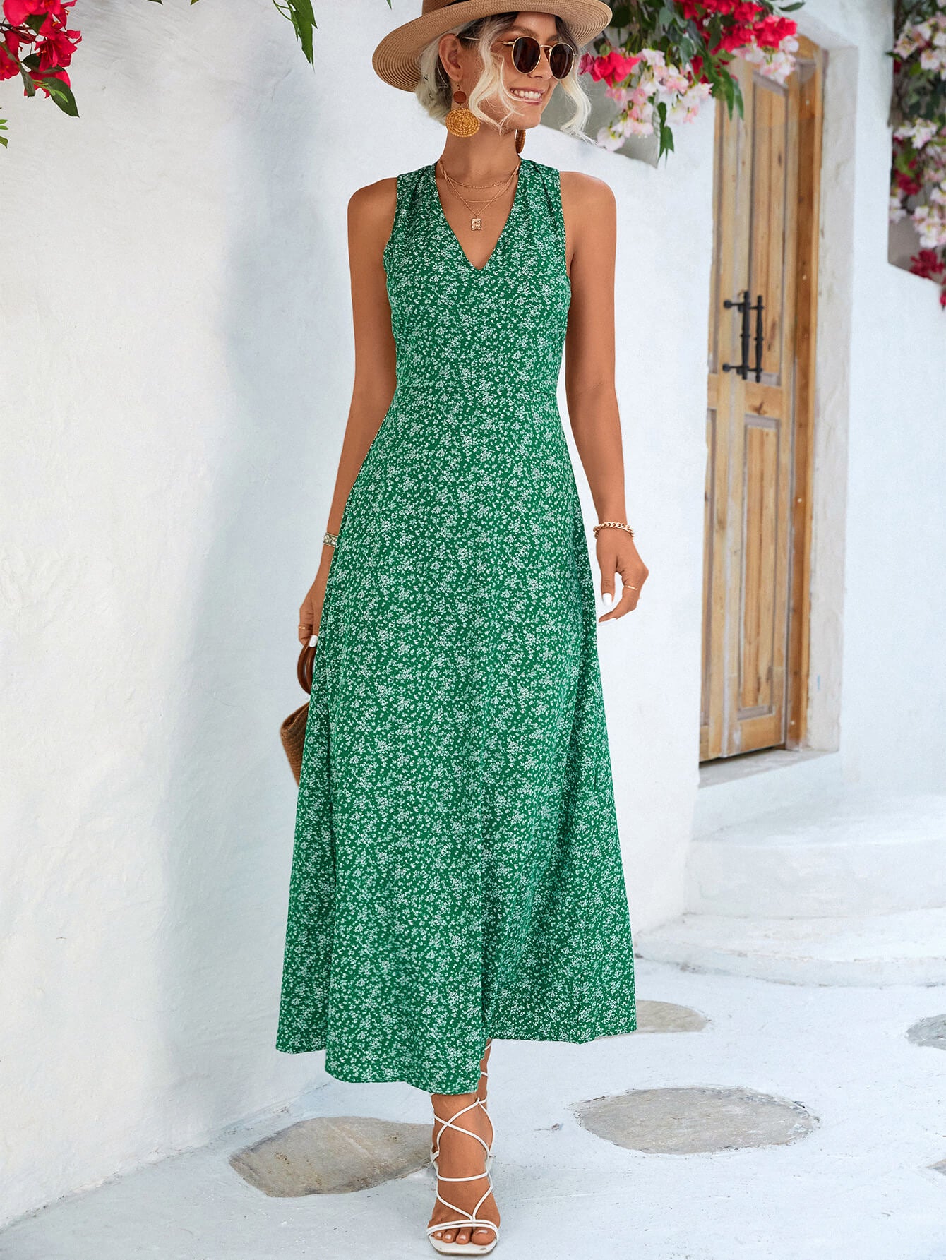 Printed Open Back Sleeveless Maxi Dress  Dresses- Doll Fits