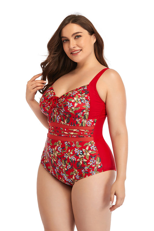 Floral Drawstring Detail One-Piece Swimsuit  Swimwear- Doll Fits
