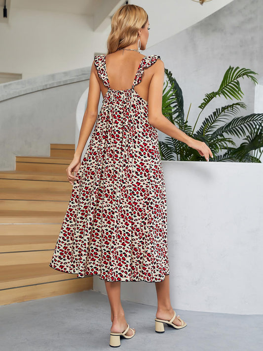 Printed Ruffled Sleeveless Midi Dress  Dresses- Doll Fits