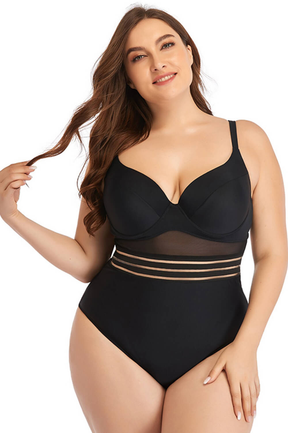 Plus Size Spliced Mesh Tie-Back One-Piece Swimsuit  Swimwear- Doll Fits