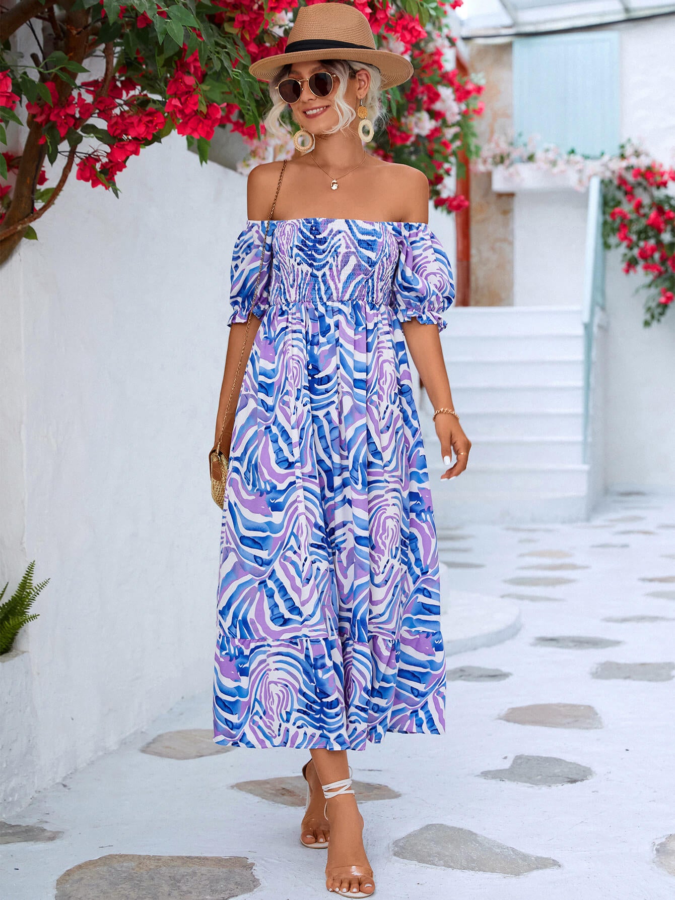 Floral Smocked Flounce Sleeve Midi Dress  Dresses- Doll Fits