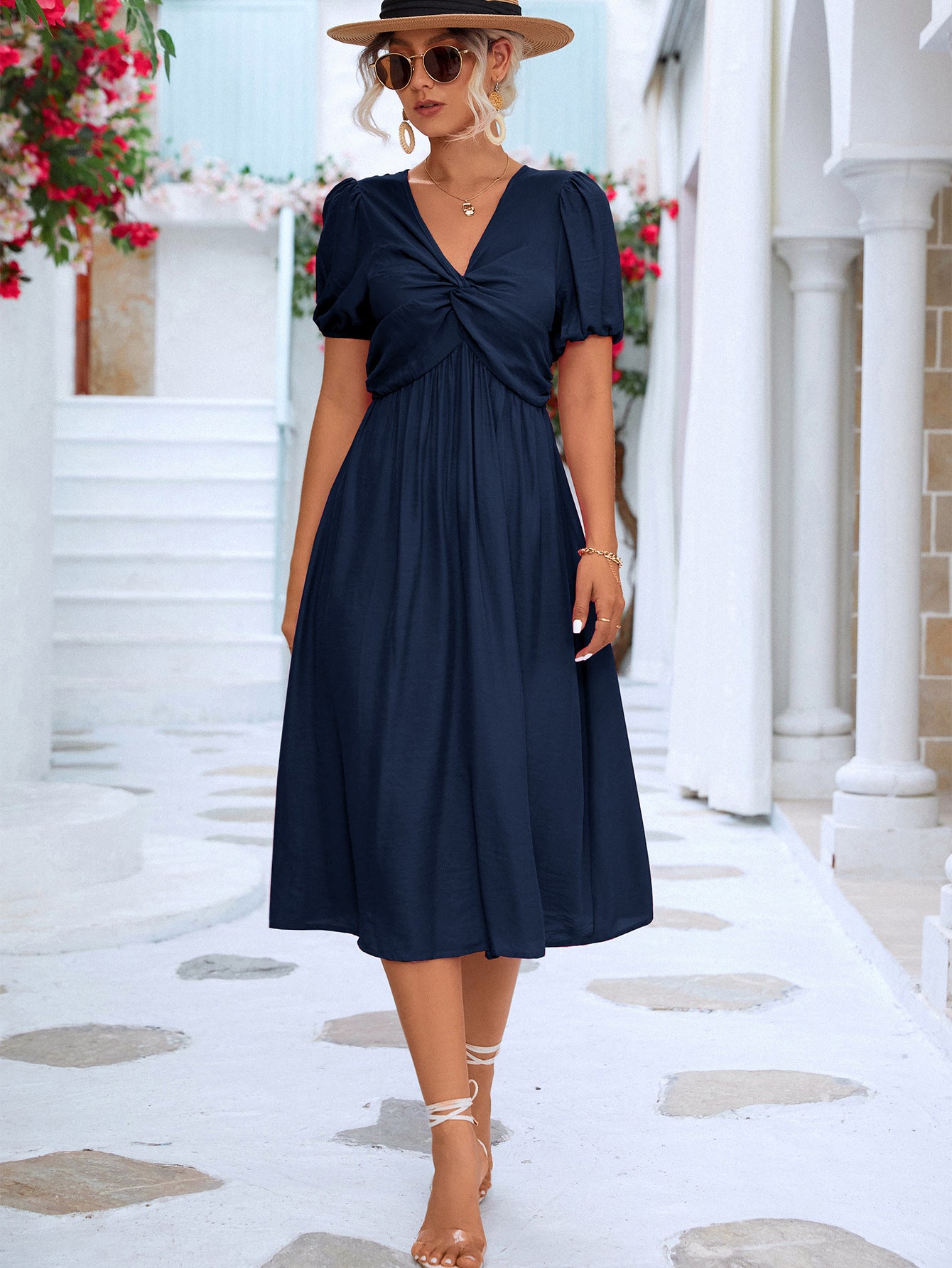Twisted Short Puff Sleeve V-Neck Dress  Dresses- Doll Fits