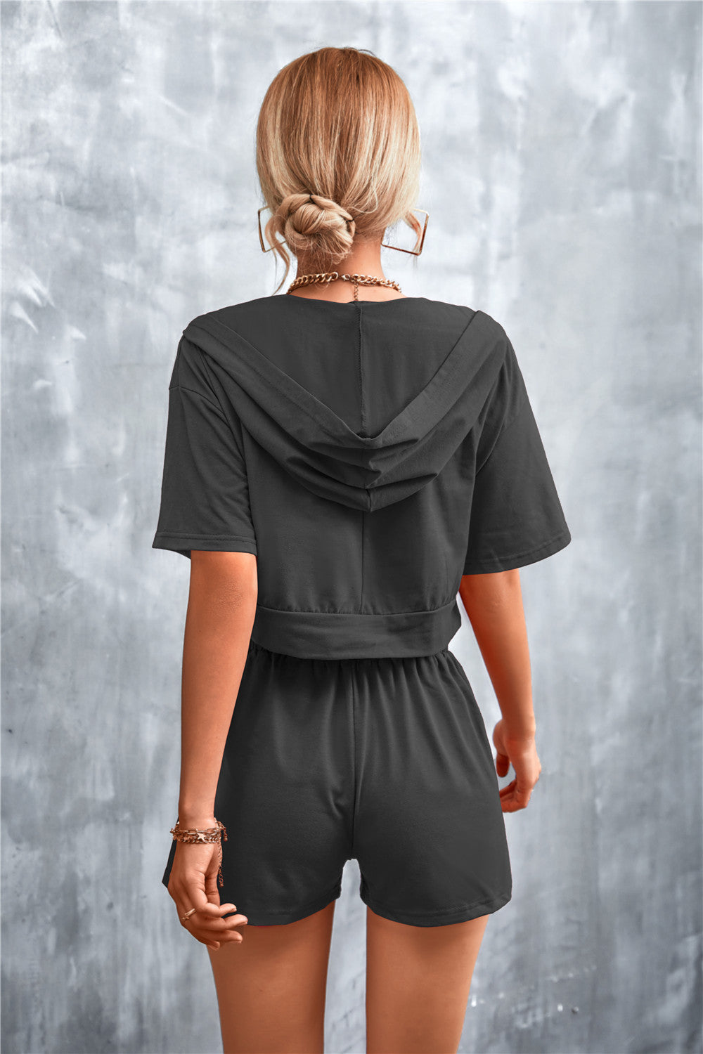 Half Zip Cropped Hooded T-Shirt and Shorts Set  Outfit Sets- Doll Fits