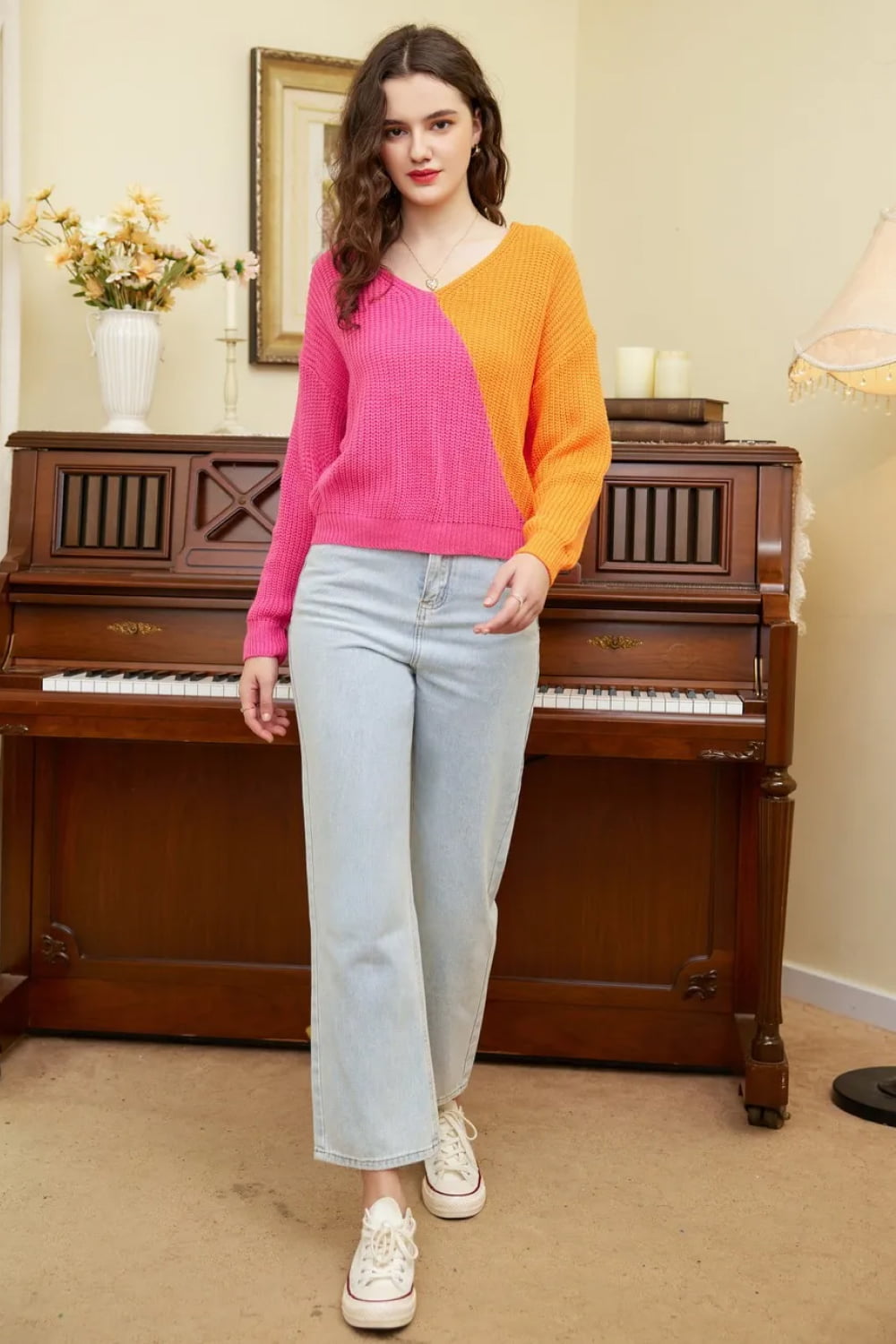 Double Take Two-Tone V-Neck Twisted Sweater  - Doll Fits