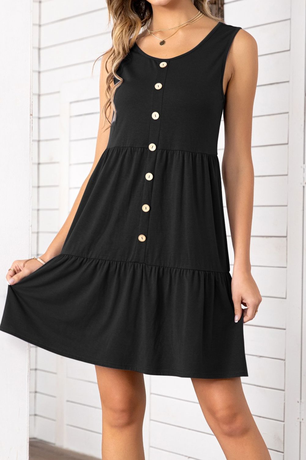 Decorative Button Scoop Neck Sleeveless Tiered Dress  Dresses- Doll Fits