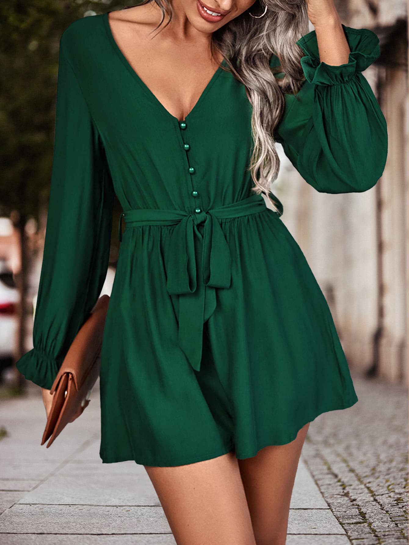 Long Flounce Sleeve V-Neck Romper  Jumpsuits & Rompers- Doll Fits