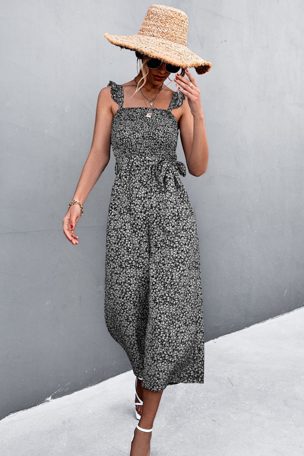 Printed Ruffle Strap Smocked Belted Jumpsuit  Jumpsuits & Rompers- Doll Fits