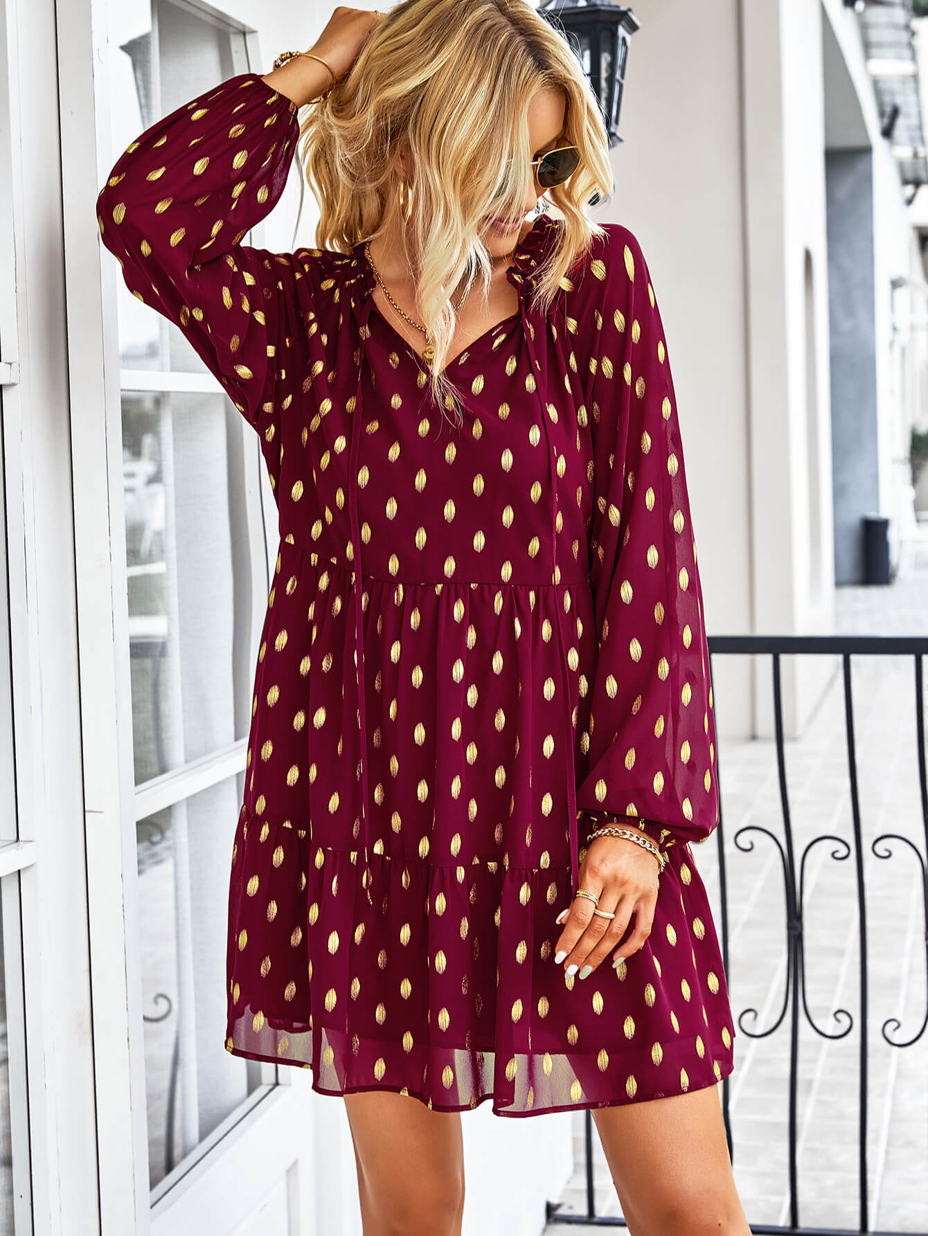 Dotted Tie-Neck Frill Trim Tiered Dress  Dresses- Doll Fits