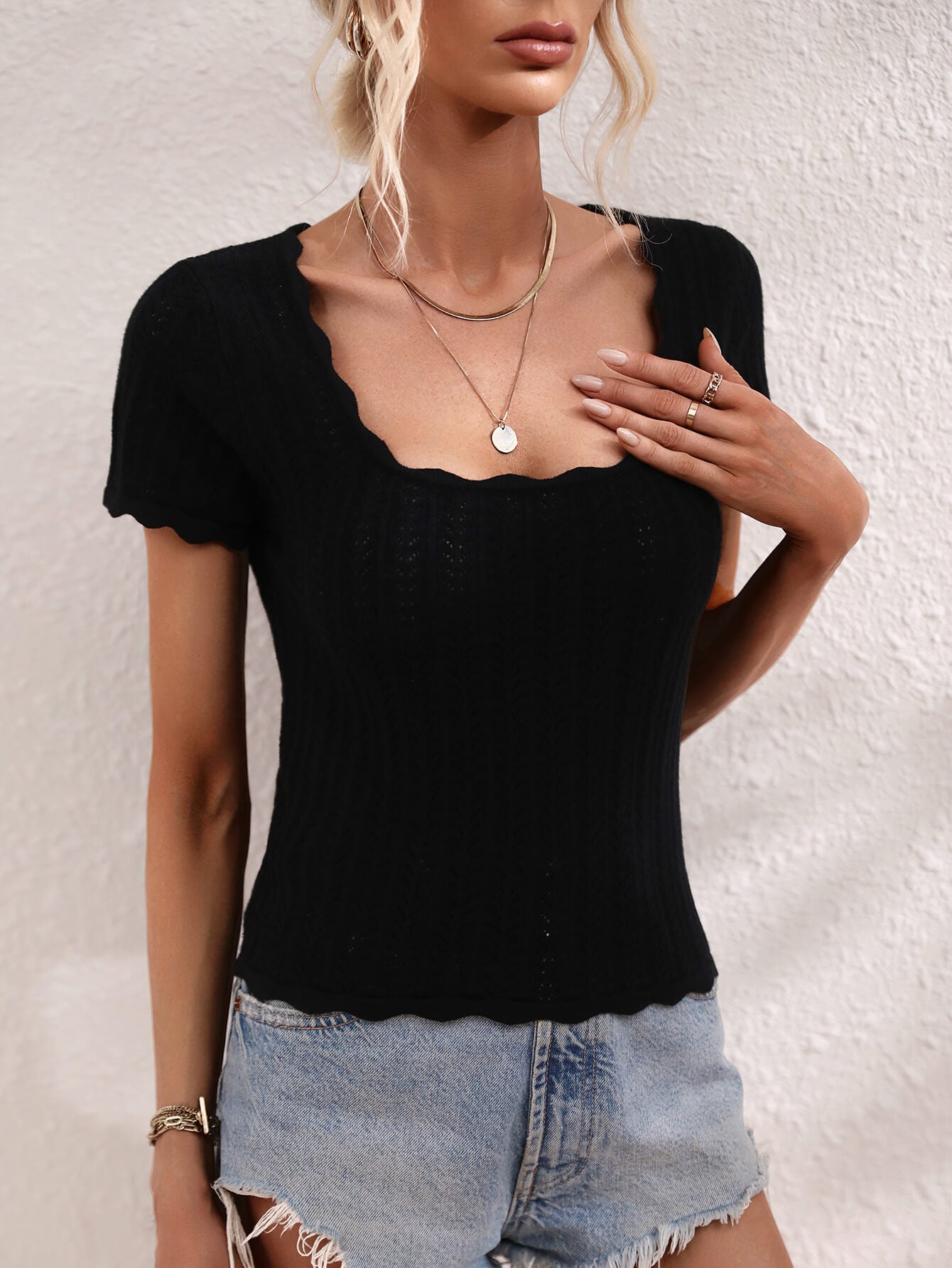 Scalloped Hem Square Neck Knit Top  Shirts & Tops- Doll Fits