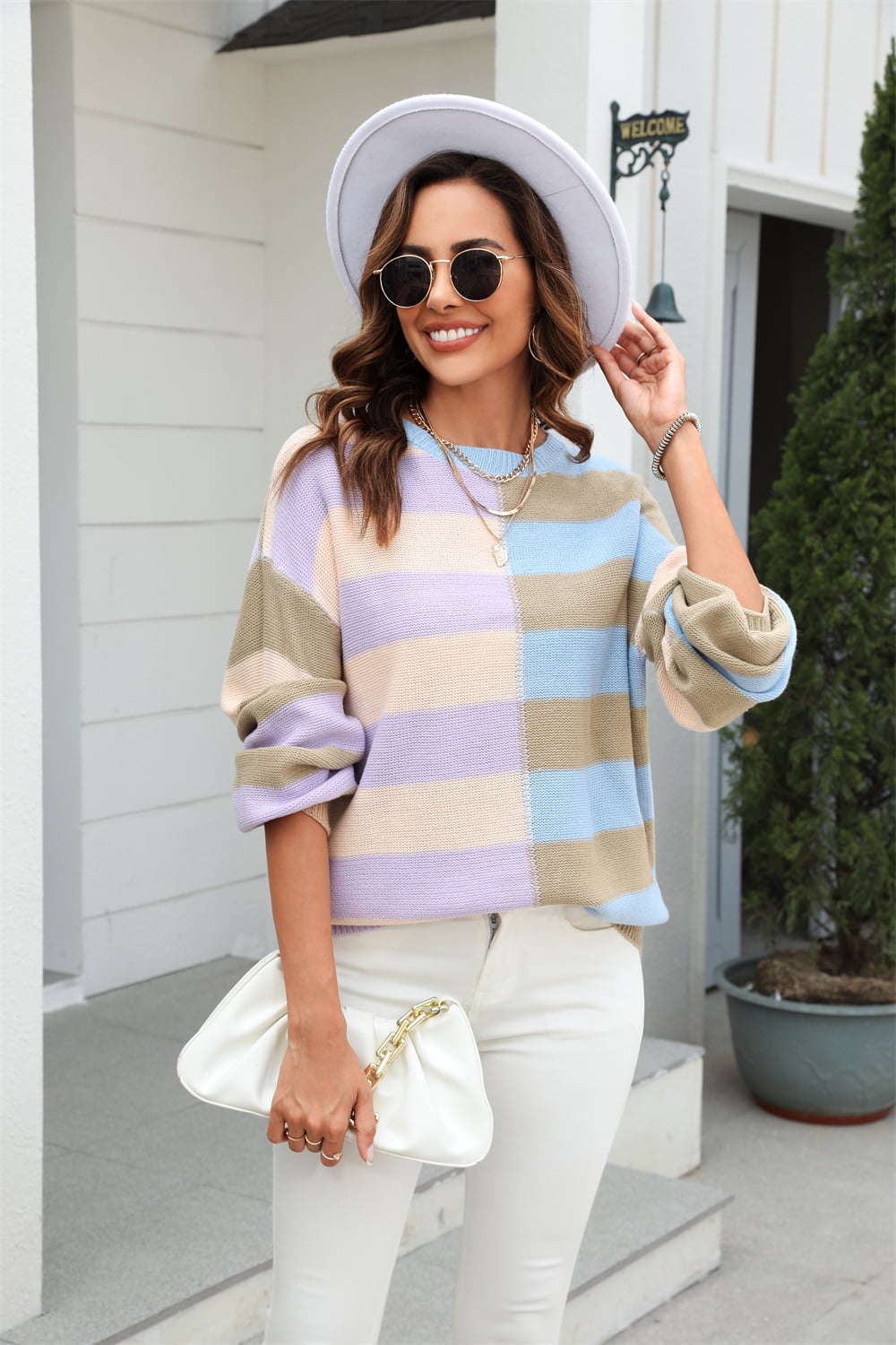 Round Neck Long Sleeve Color Block Dropped Shoulder Pullover Sweater  Shirts & Tops- Doll Fits