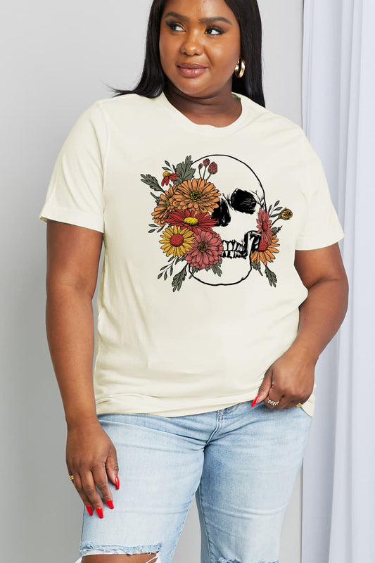 Simply Love Full Size Flower Skull Graphic Cotton Tee  Shirts & Tops- Doll Fits