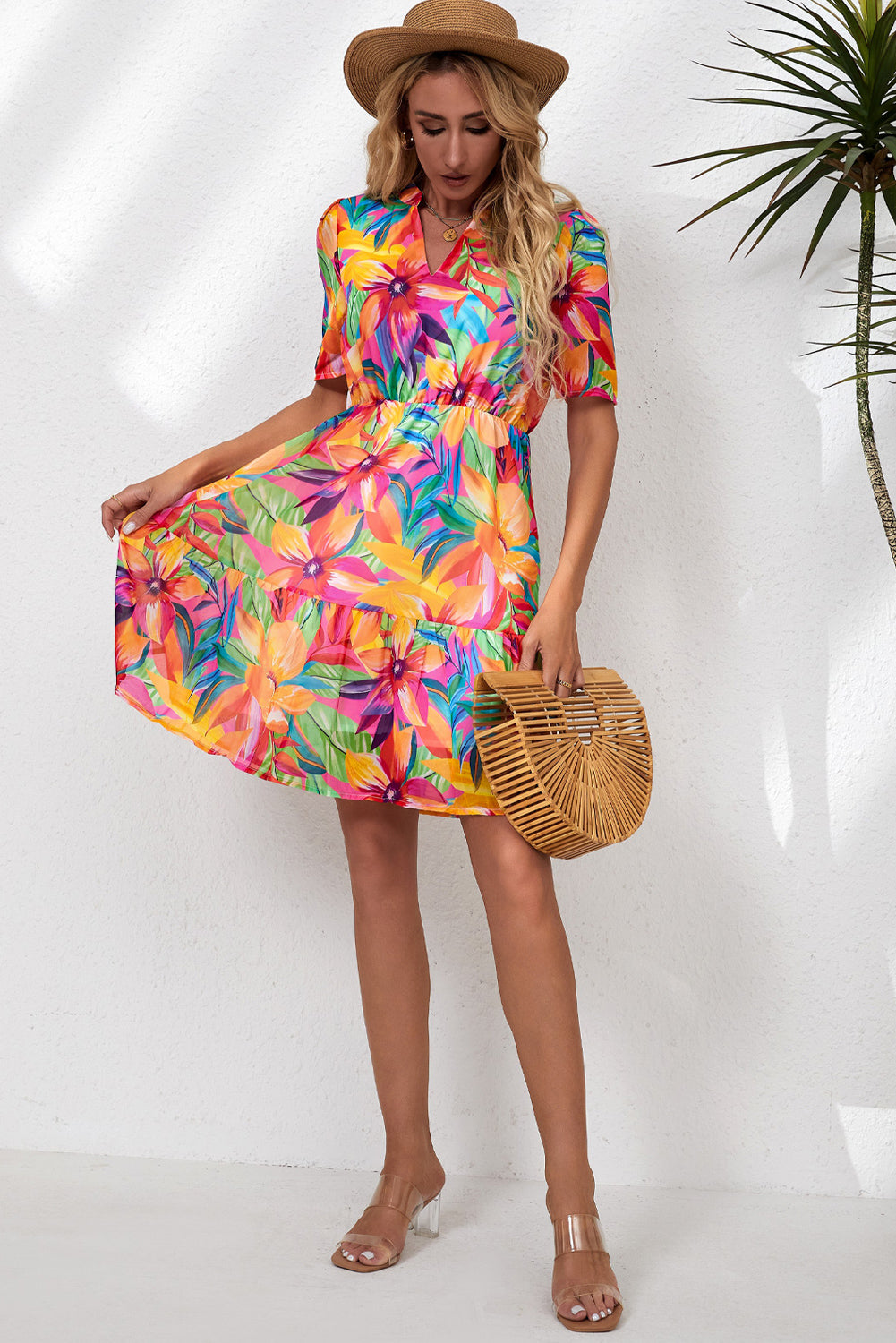 Floral Notched Neck Short Sleeve Dress  Dresses- Doll Fits
