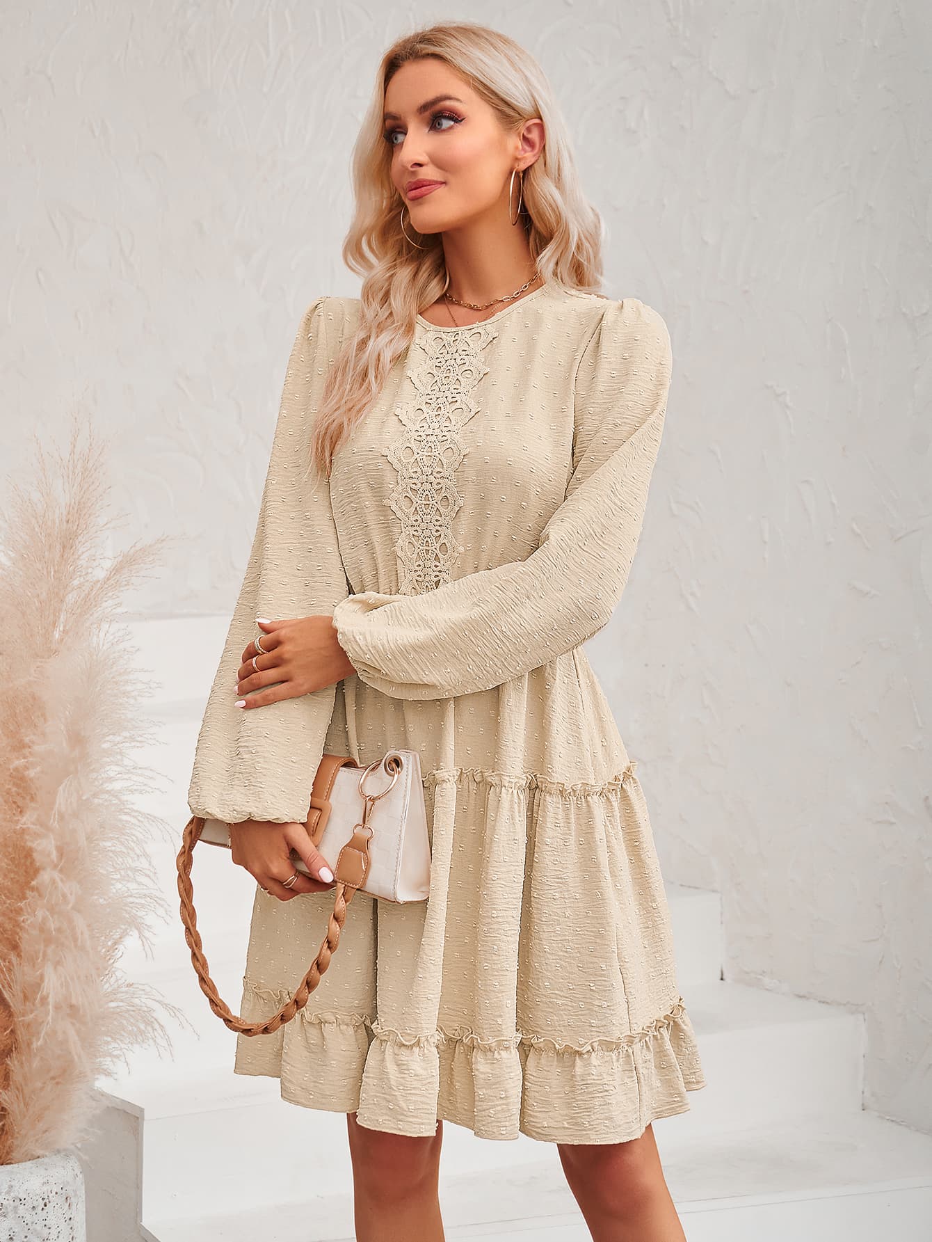 Swiss Dot Lace Trim Balloon Sleeve Dress  Dresses- Doll Fits