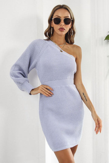 One Shoulder Raglan Sleeve Pencil Sweater Dress  Dresses- Doll Fits
