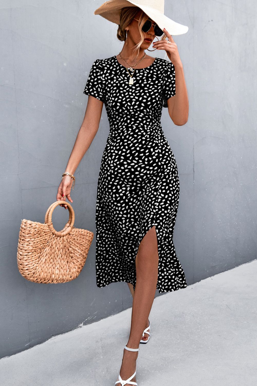 Printed Slit Cutout Midi Dress (Belt Not Included)  Dresses- Doll Fits