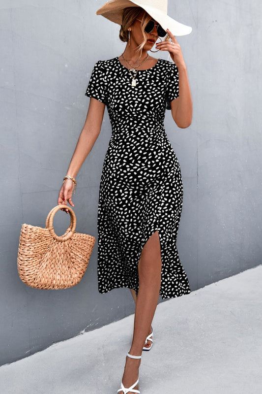 Printed Slit Cutout Midi Dress (Belt Not Included)  Dresses- Doll Fits
